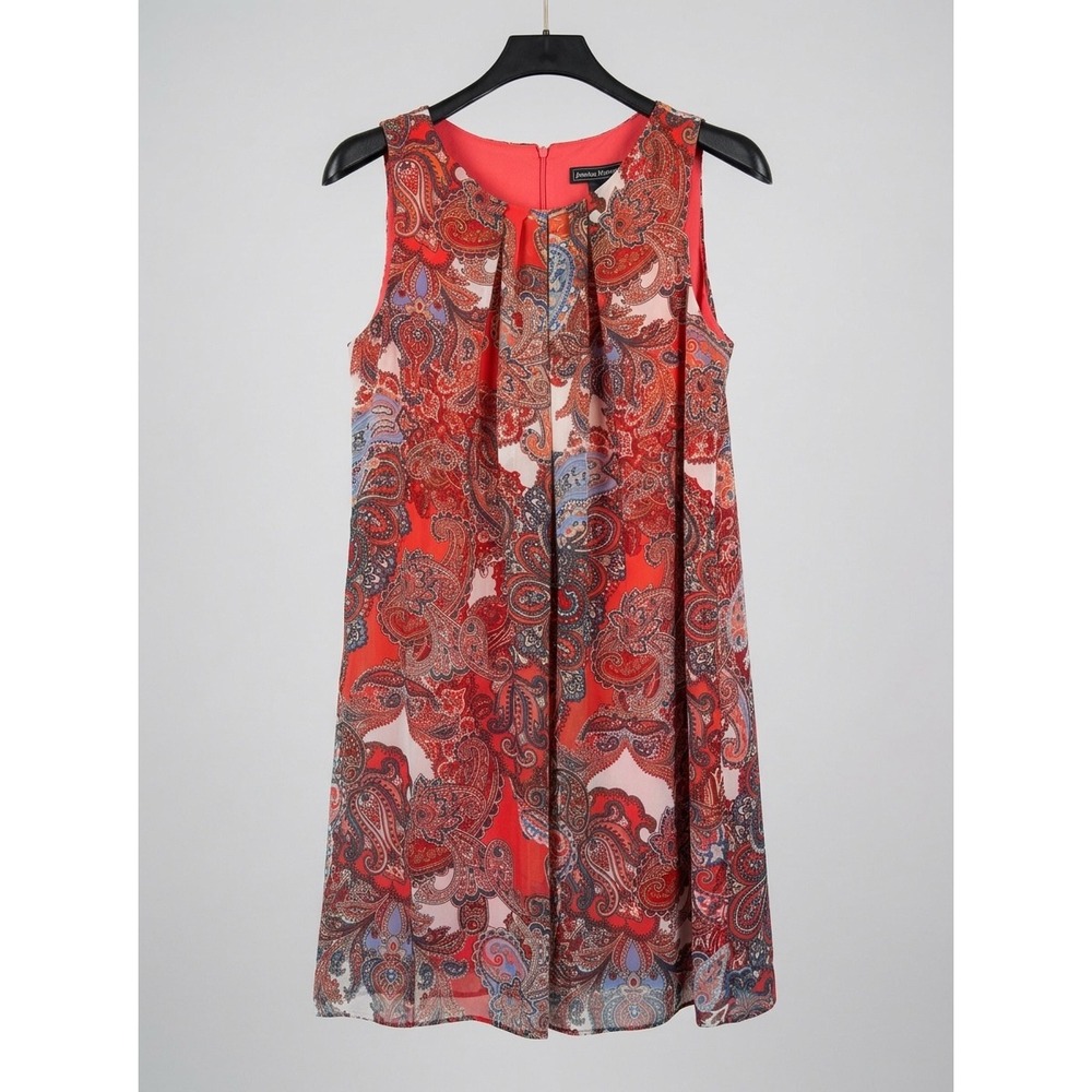 Coral Paisley  Sleeveless Shift Dress Petite 14P Pleated Neck Career Office